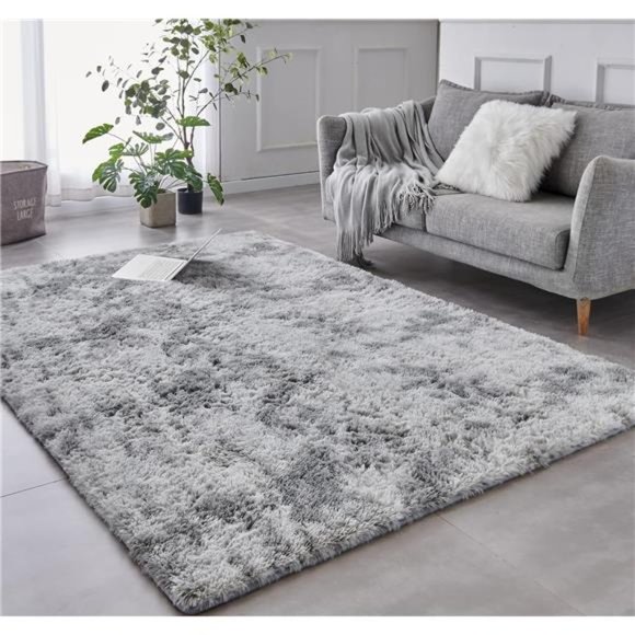Shag Area Rug, 4' x 6' Tie-Dyed Light Grey Indoor Ultra Soft Plush Rugs - Picture 1 of 6